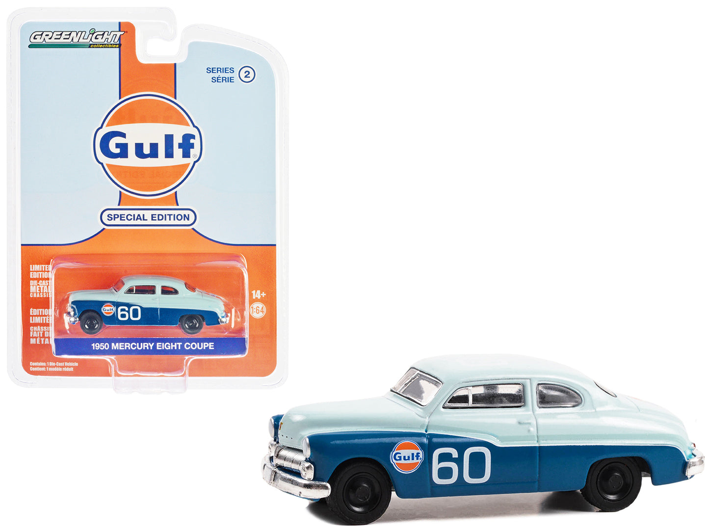 Brand new 1/64 scale diecast car model of 1950 Mercury Eight Coupe #60 Light Blue and Blue Gulf Oil Special Edition Series 2 die cast model 