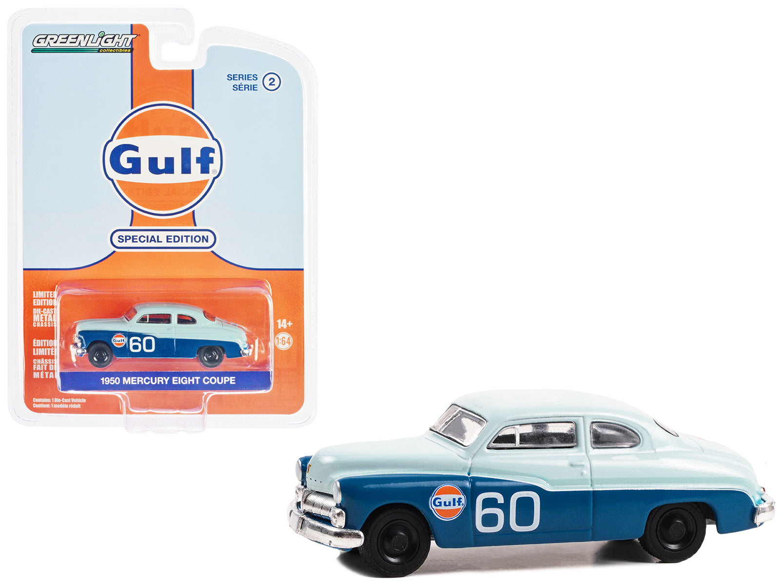 Brand new 1/64 scale diecast car model of 1950 Mercury Eight Coupe #60 Light Blue and Blue Gulf Oil Special Edition Series 2 die cast model 