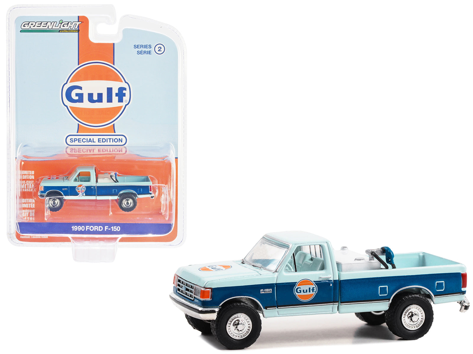 Brand new 1/64 scale diecast car model of 1990 Ford F-150 Pickup Truck with Fuel Transfer Tank Light Blue and Blue with Light Blue Interior 