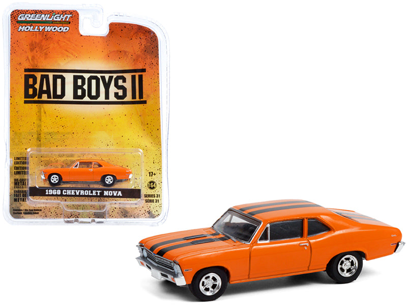 Brand new 1/64 scale diecast car model of 1968 Chevrolet Nova Orange with Black Stripes Bad Boys II 2003 Movie Hollywood Series Release 31 d
