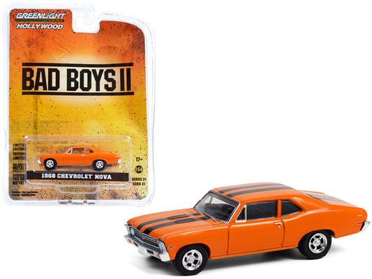Brand new 1/64 scale diecast car model of 1968 Chevrolet Nova Orange with Black Stripes Bad Boys II 2003 Movie Hollywood Series Release 31 d