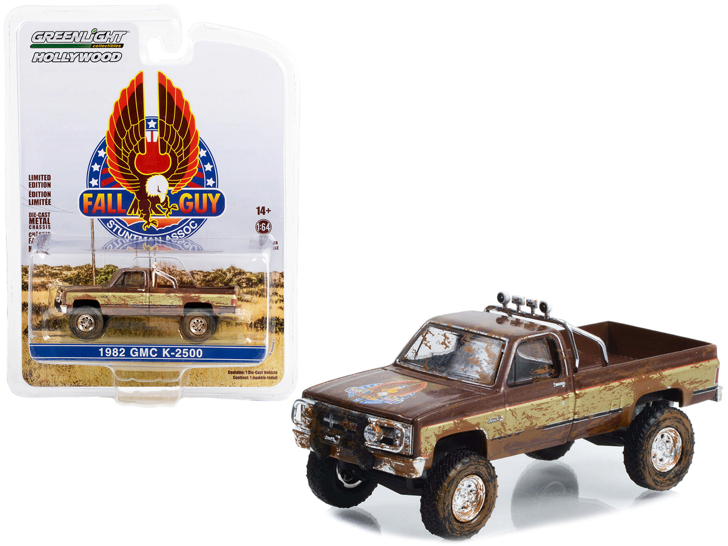 Brand new 1/64 scale diecast car model of 1982 GMC K-2500 Sierra Grande Pickup Truck Brown and Gold Dirty Version Fall Guy Stuntman Associat
