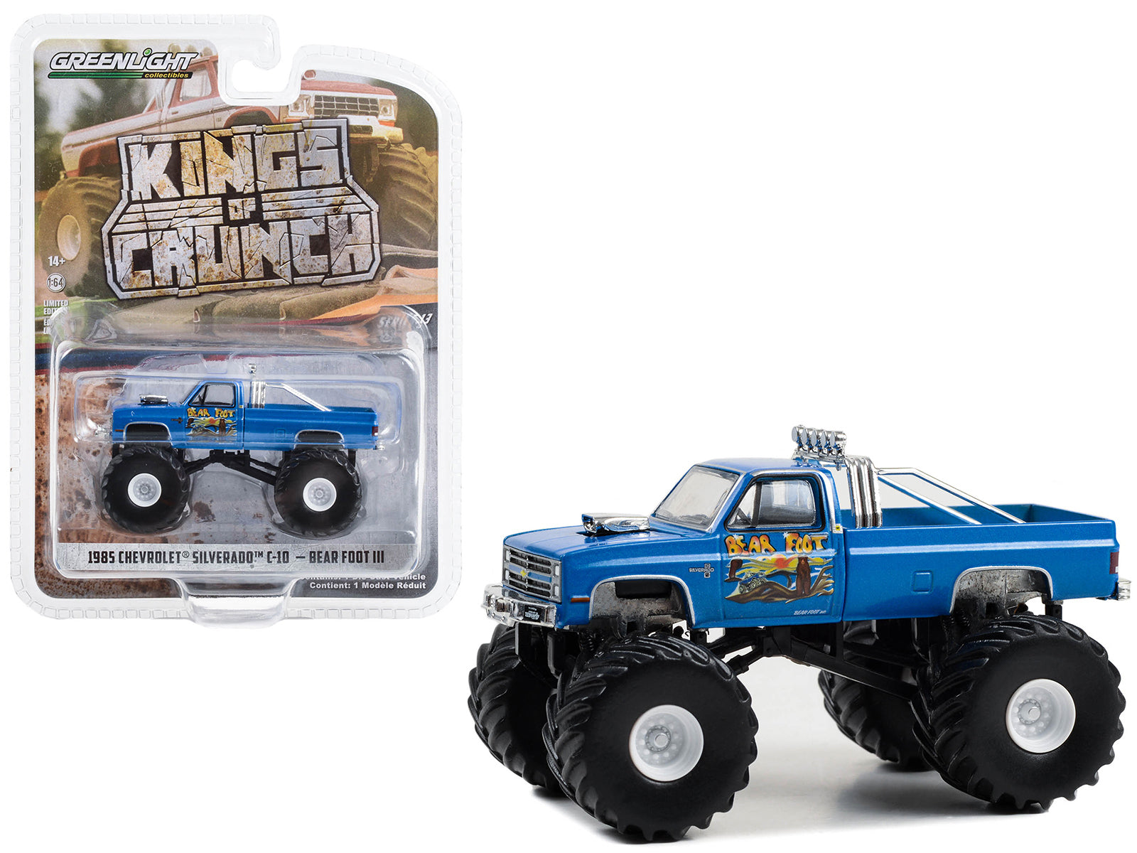 Brand new 1/64 scale diecast car model of 1985 Chevrolet Silverado C-10 Monster Truck Blue Bear Foot III Kings of Crunch Series 13 die cast 
