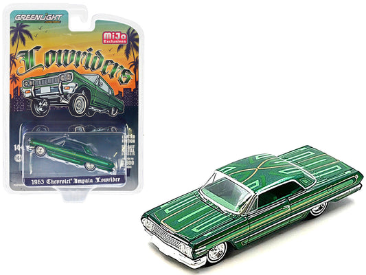 Brand new 1/64 scale diecast car model of 1963 Chevrolet Impala Lowrider Green Metallic with Graphics and Green Interior Lowriders Series Li