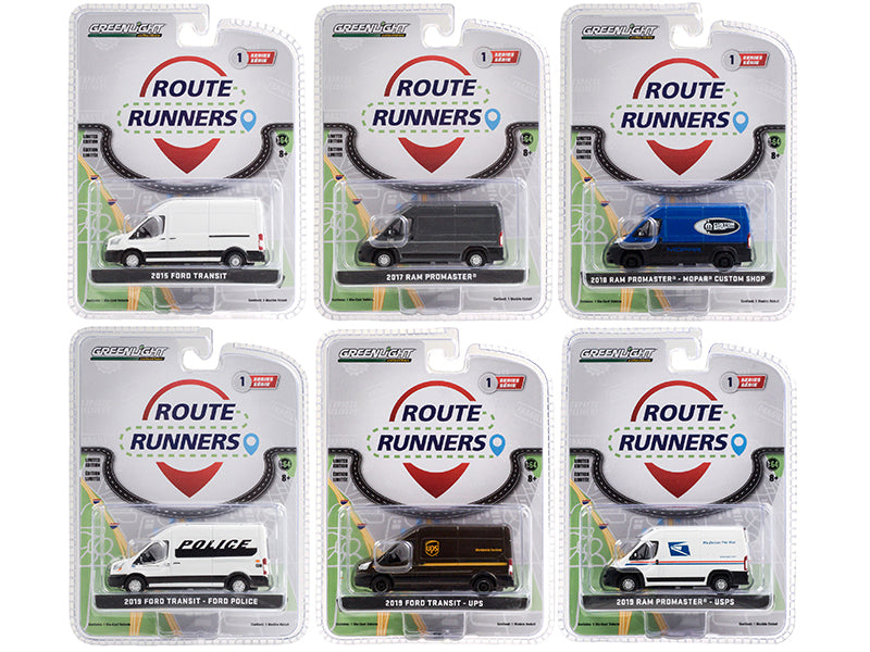 Brand new 1/64 scale diecast models of Route Runners Set of 6 Vans Series 1 die cast models by Greenlight.
Brand new boxes.
Limited editio