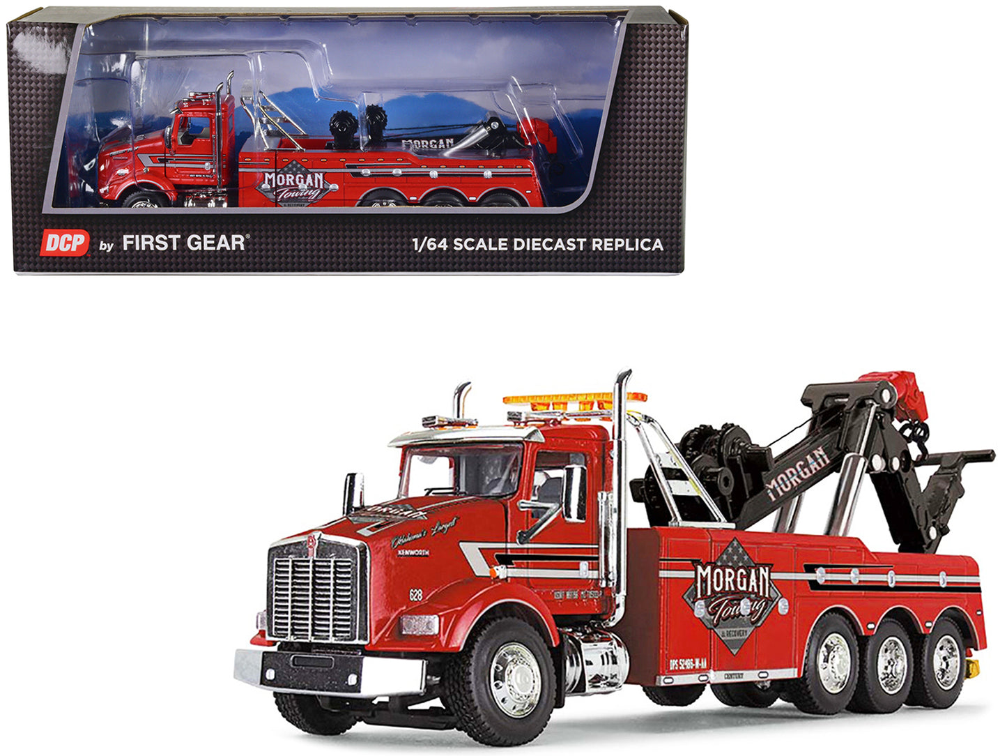Brand new 1/64 scale diecast model of Kenworth T800 Day Cab Tow Truck with Miller Century 9055 Wrecker Red Morgan Towing Recovery die cast m