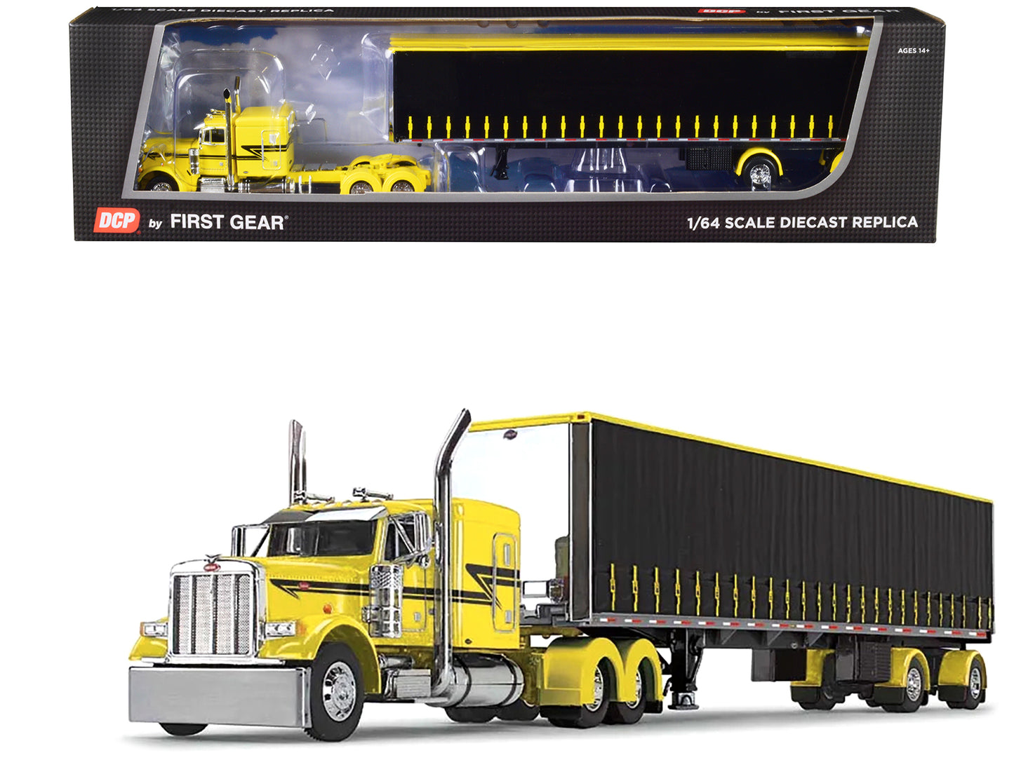 Brand new 1/64 scale diecast model of Peterbilt 379 with 63 Flat Top Sleeper and 53' Utility Tautliner Spread-Axle Trailer Yellow and Black 