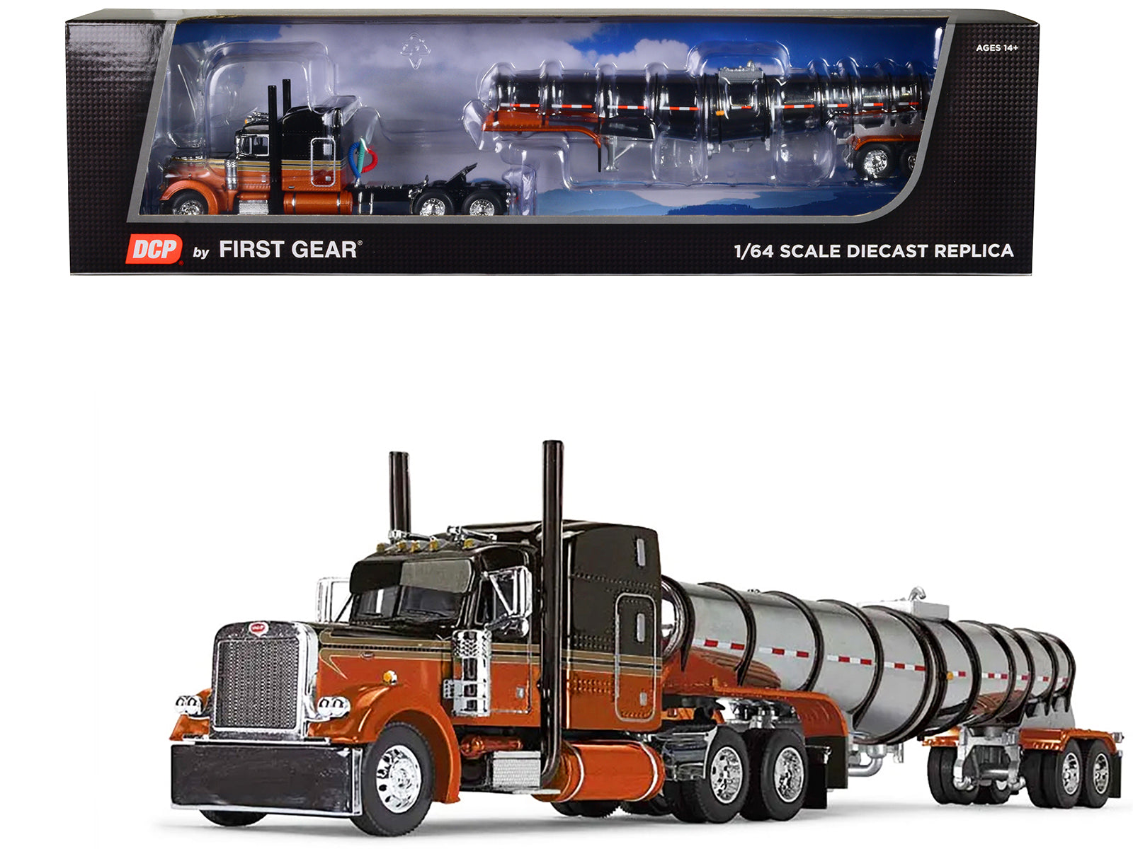 Brand new 1/64 scale diecast model of Peterbilt 379 with 63 Mid-Roof Sleeper and Polar Deep Drop Tank Trailer Burnt Orange and Black die cas
