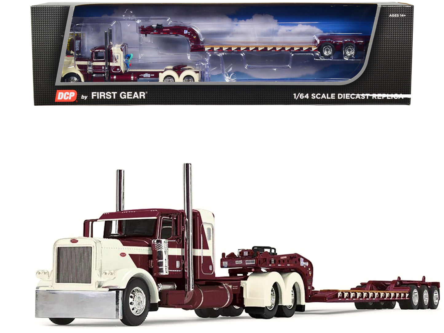 Brand new 1/64 scale diecast model of Peterbilt 389 with 36 Flat Top Sleeper and Fontaine Magnitude Tri-Axle Lowboy Trailer Beige and Burgun
