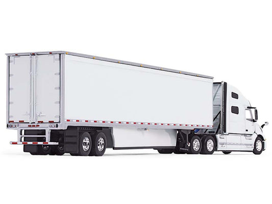 Brand new 1/64 scale diecast model of Volvo VNL 760 with High Roof Sleeper and 53' Smooth Sided Dry Goods Trailer White die cast model by DC