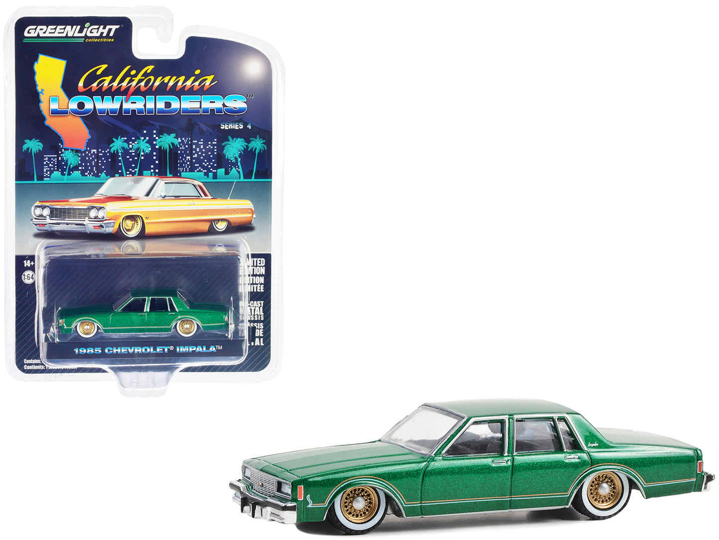 Brand new 1/64 scale diecast car model of 1985 Chevrolet Impala Lowrider Bright Green Metallic California Lowriders Series 4 die cast model 