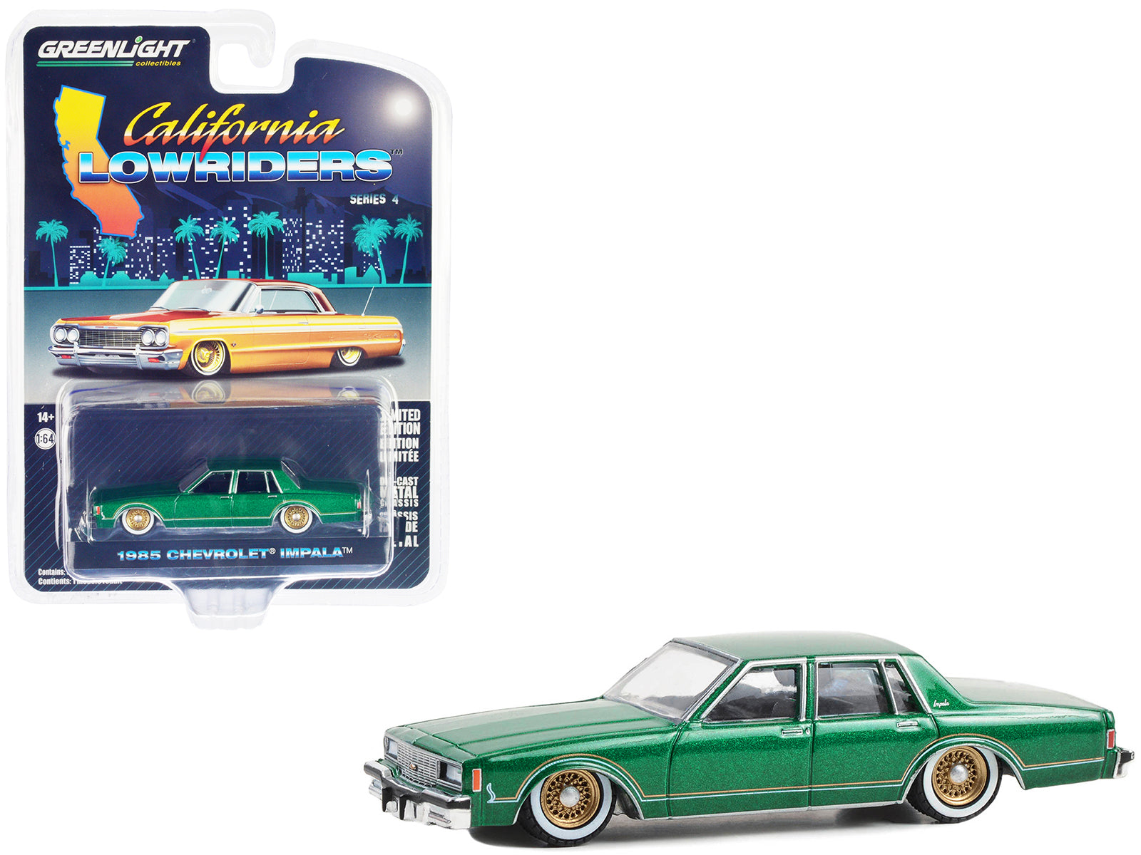 Brand new 1/64 scale diecast car model of 1985 Chevrolet Impala Lowrider Bright Green Metallic California Lowriders Series 4 die cast model 