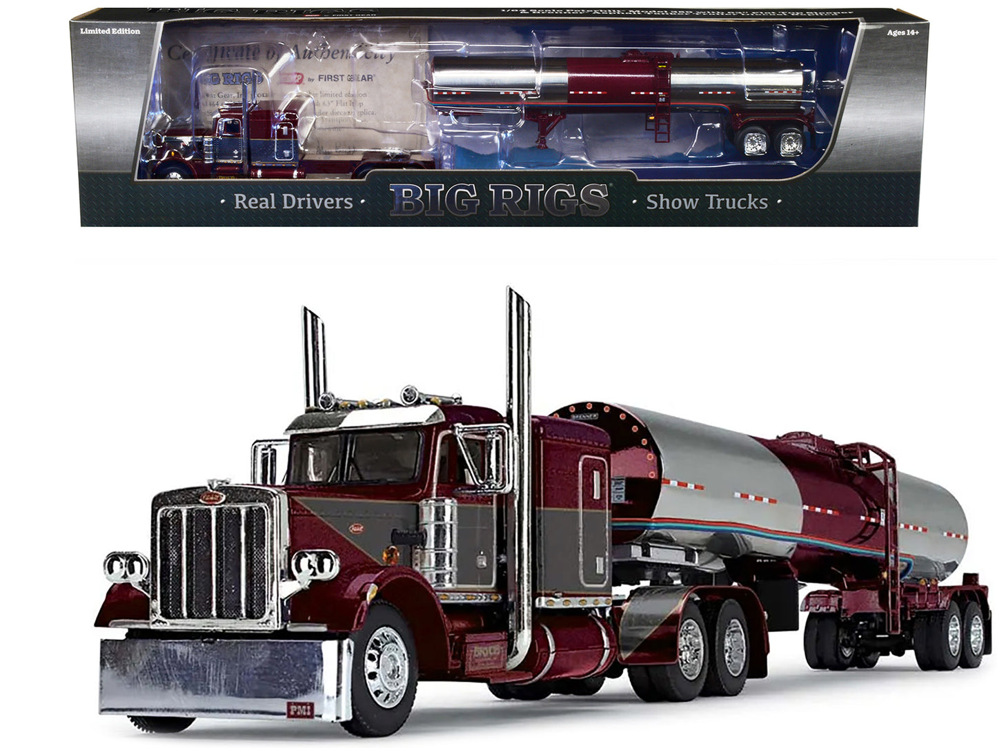 Brand new 1/64 scale diecast model of Peterbilt 359 with 63 Flat Top Sleeper and Brenner Tank Trailer Bryce Transport, Inc. Burgundy and Gra
