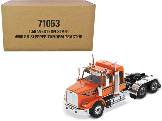 Brand new 1/50 scale diecast model of Western Star 4900 SB Tandem Sleeper Cab Truck Tractor Orange with Black Stripes Transport Series die c