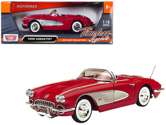 Brand new 1/18 scale diecast car model of 1958 Chevrolet Corvette Convertible Red die cast model car by Motormax.
Brand new box.
Real rubb