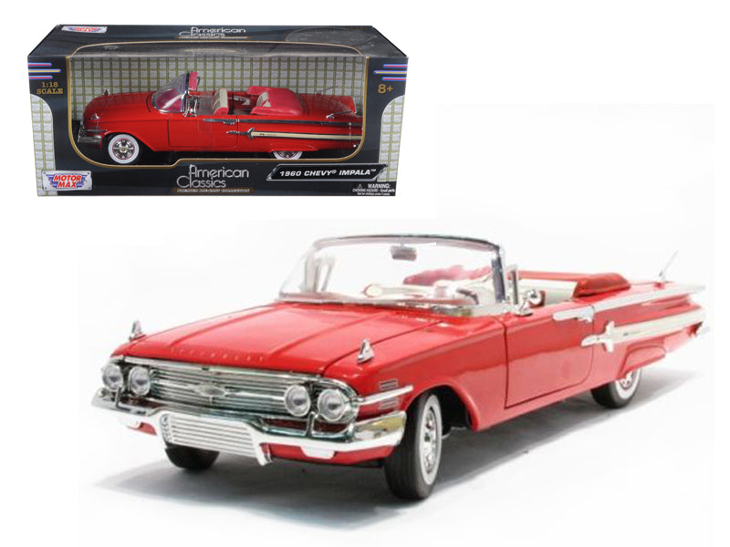 Brand new 1/18 scale diecast car model of 1960 Chevrolet Impala Convertible Red die cast model car by Motormax.
Brand new box.
Real rubber
