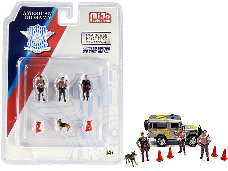 Brand new 1/64 scale of "Police" 8 piece Diecast Set (3 Figurines, 1 Dog and 4 Accessories) for 1/64 scale models by American Diorama.