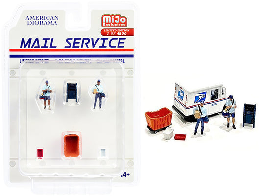 Brand new 1/64 scale diecast models of "Mail Service" 6 piece Diecast Set (2 Male Mail Carrier Figurines and 4 Accessori