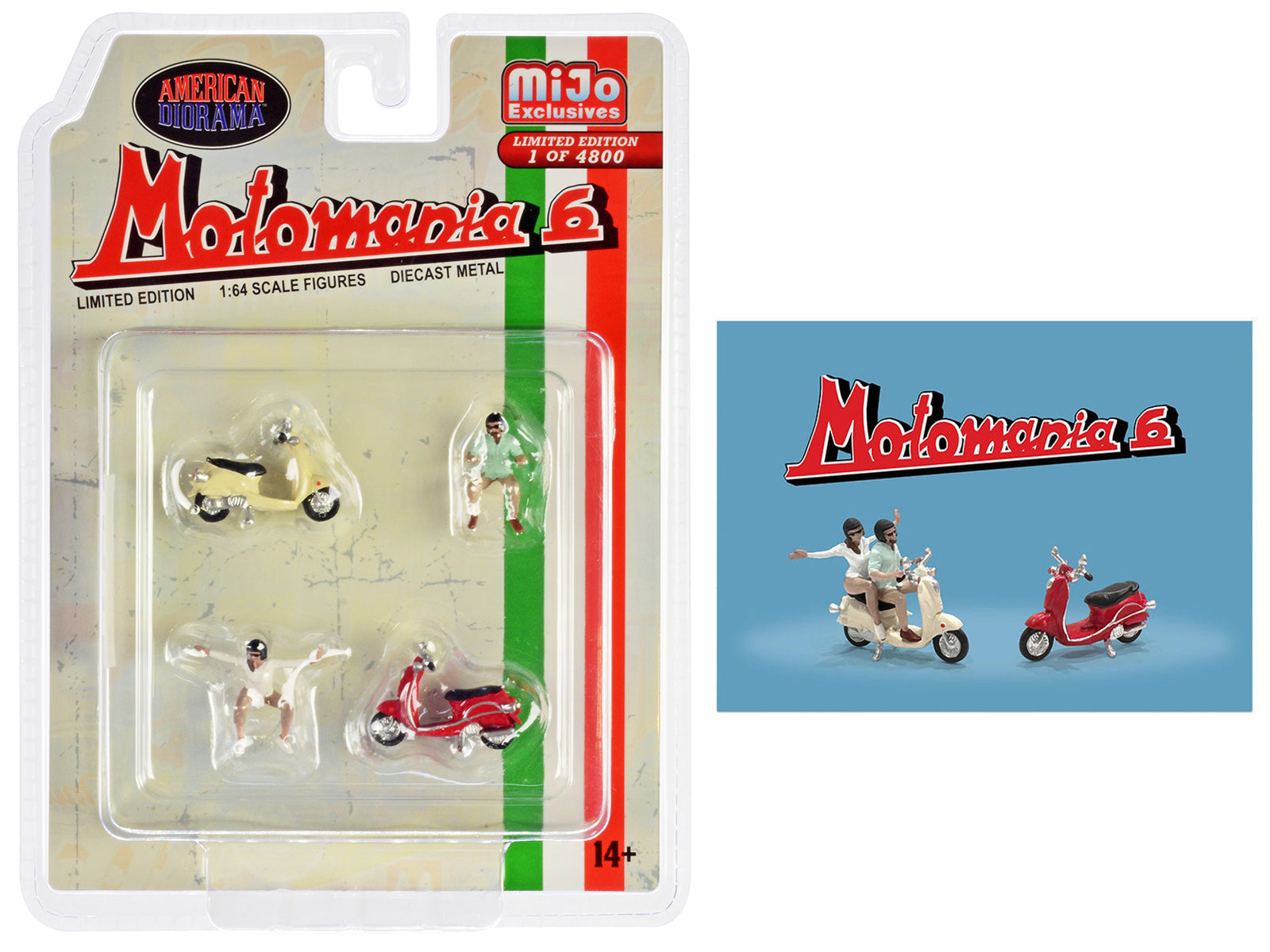 Brand new 1/64 scale diecast models of "Motomania 6" 4 piece Diecast Figure Set (2 Figures, 2 Scooters) Limited Edition 