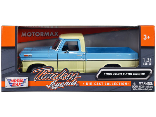 Brand new 1/24 scale diecast car model of 1969 Ford F-100 Pickup Truck Light Blue and Cream "Timeless Legends" Series di