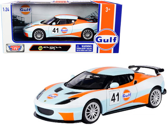 Brand new 1/24 scale diecast car model of Lotus Evora GT4 #41 "Gulf Oil" Light Blue with White and Orange Stripes die ca