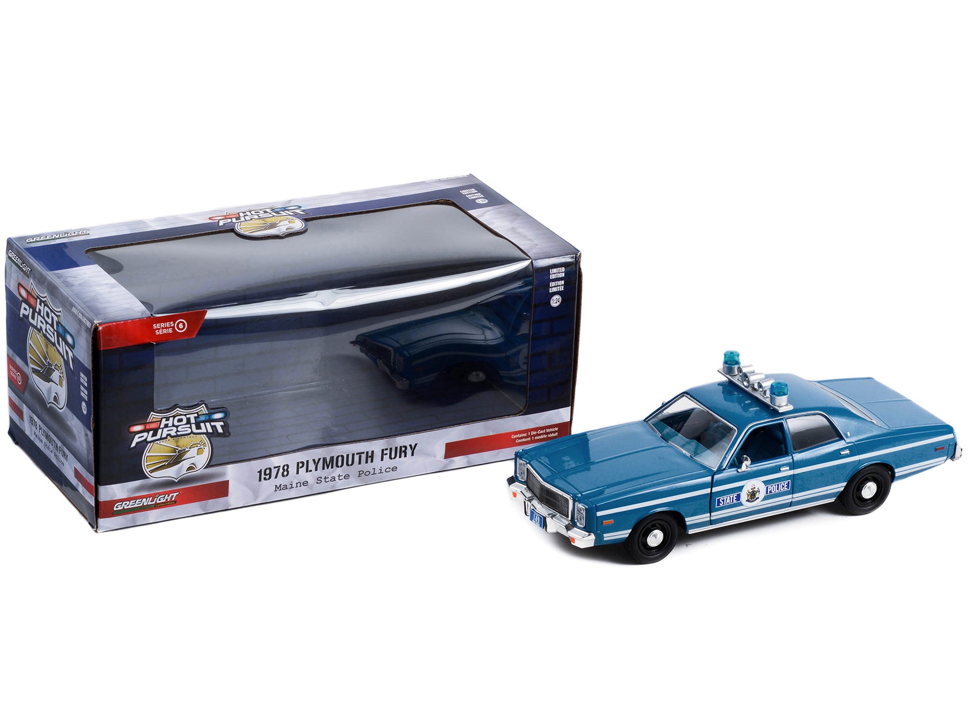 Brand new 1/24 scale diecast car model of 1978 Plymouth Fury Police Blue Metallic with White Stripes Maine State Police Hot Pursuit Series d