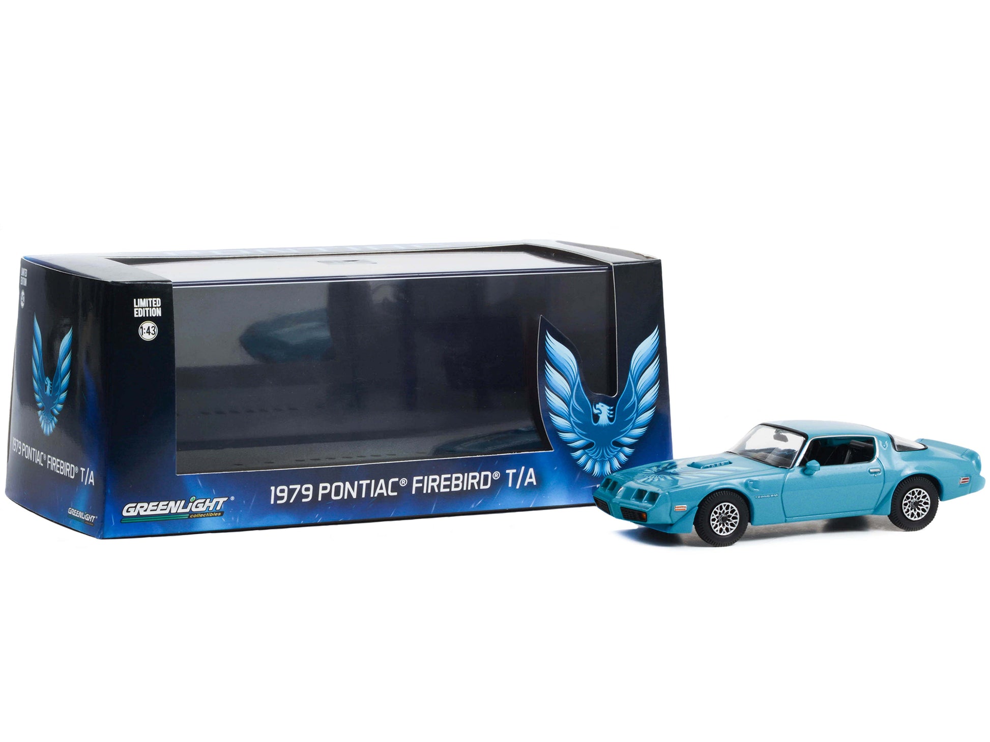 Brand new 1/43 scale diecast car model of 1979 Pontiac Firebird T/A Trans Am Atlantis Blue with Hood Phoenix die cast model car by Greenligh