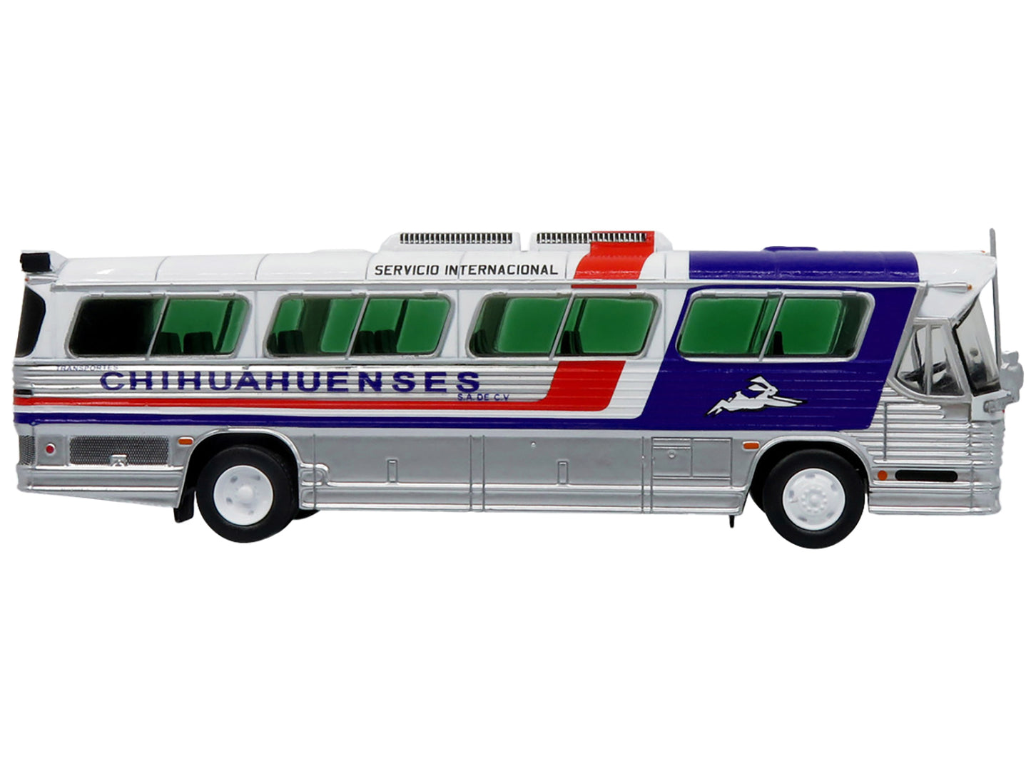 Brand new 1/87 scale diecast model of Dina 323-G2 Olimpico Coach Bus "Transportes Chihuahuenses" White and Silver with R