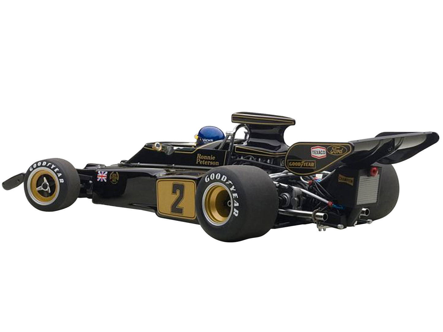 Brand new 1:18 scale model car of Lotus 72E 1973 Ronnie Peterson #2 with Driver Figurine in Cockpit car model by Autoart.
Brand new box.
R