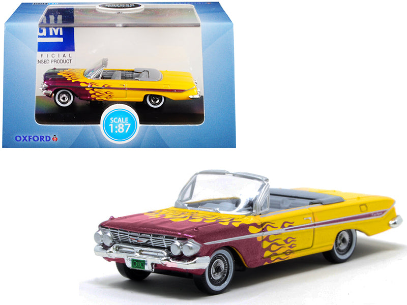 Brand new 1/87 HO scale diecast car model of 1961 Chevrolet Impala Convertible Yellow with Purple Flames Hot Rod die cast model car by Oxfor