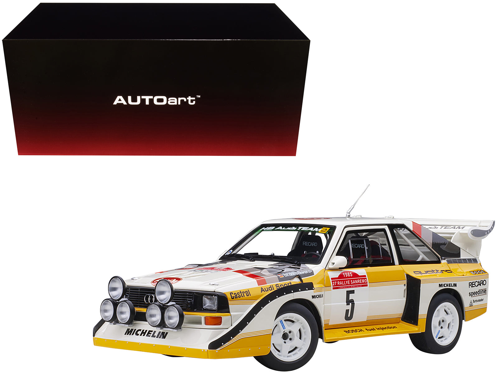 Brand new 1/18 scale car model of Audi Quattro S1 #5 W. Roehrl - Ch. Geistdoerfer Winner Rally San Remo (1985) model car