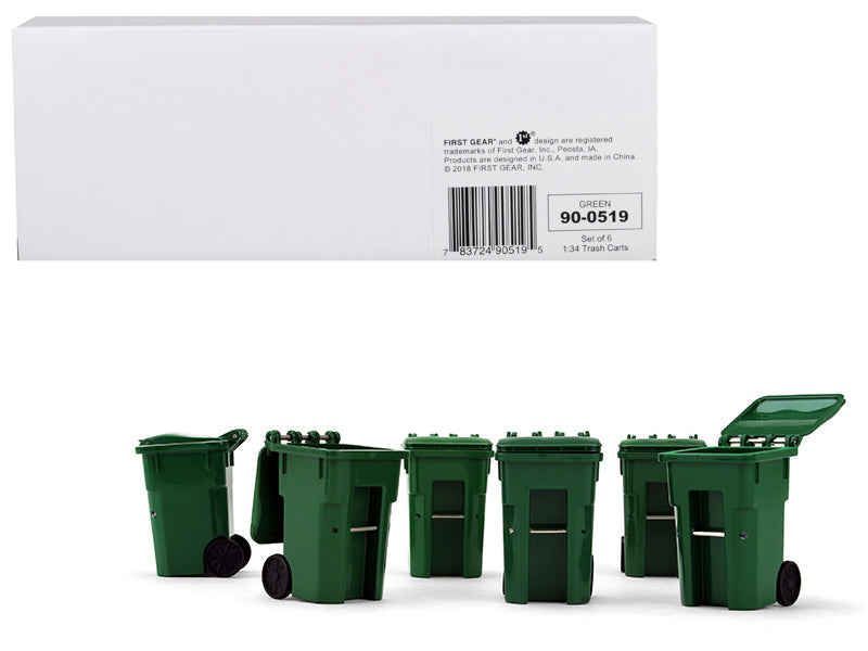 Brand new 1/34 scale models of Set of 6 Green Garbage Trash Bin Containers Replica by First Gear.
Brand new box.
Have opening lids.
Sturd