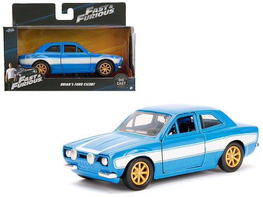 Brand new 1/32 scale diecast car model of Brian's Ford Escort Light Blue with White Stripes Fast Furious Movie die cast model car by Jada.
