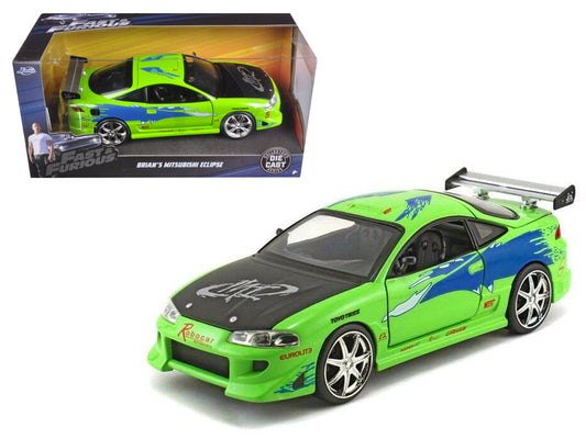 Brand new 1/24 scale diecast car model of Brian's Mitsubishi Eclipse Green with Black Hood and Graphics The Fast and The Furious 2001 Movie 