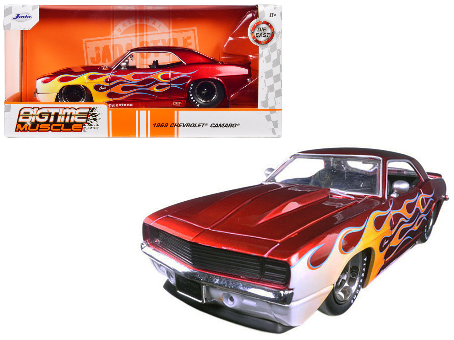 Brand new 1:24 scale diecast model car of 1969 Chevrolet Camaro Red with Flames die cast car model by Jada.
Rubber tire