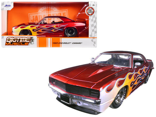 Brand new 1:24 scale diecast model car of 1969 Chevrolet Camaro Red with Flames die cast car model by Jada.
Rubber tire