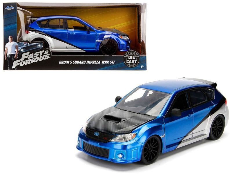 Brand new 1/24 scale diecast car model of Brian's Subaru Impreza WRX STI Blue and Silver with Carbon Hood Fast Furious Movie die cast model 