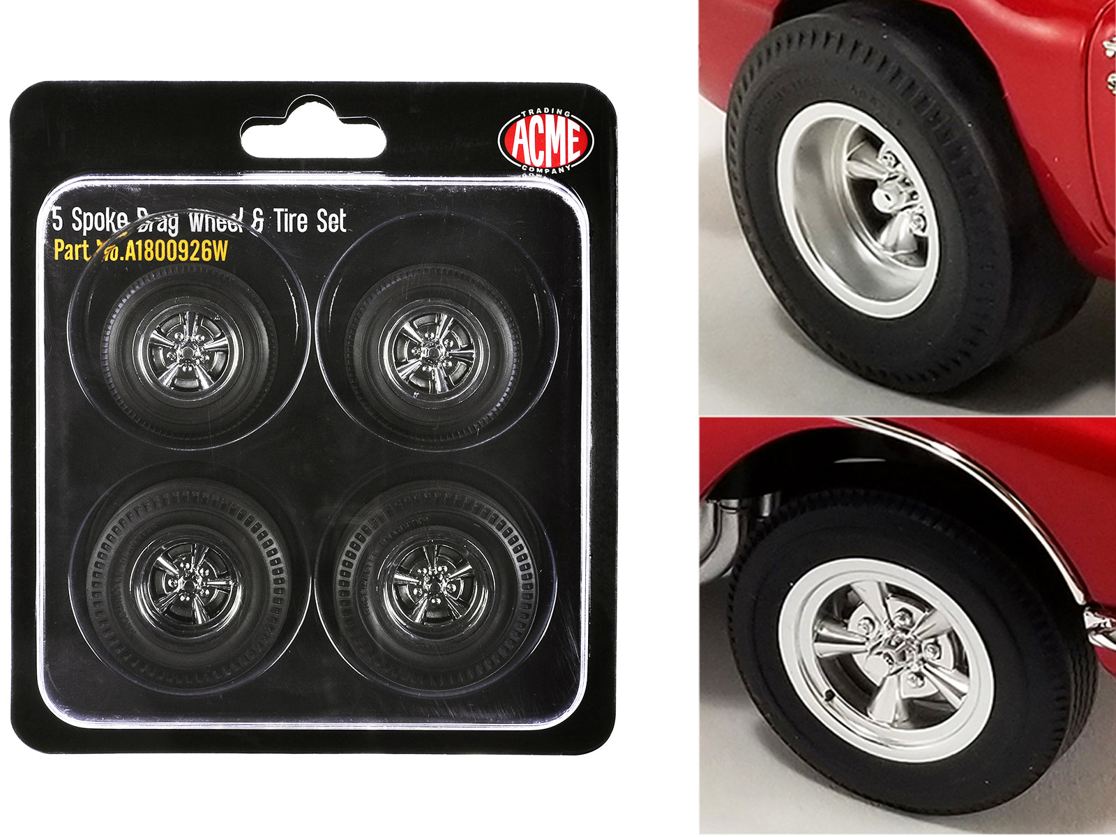 Brand new 1/18 scale of 5 Spoke Drag Wheels and Tires Set of 4 pieces from "1961 Chevrolet Corvette Gasser" for 1/18 sca
