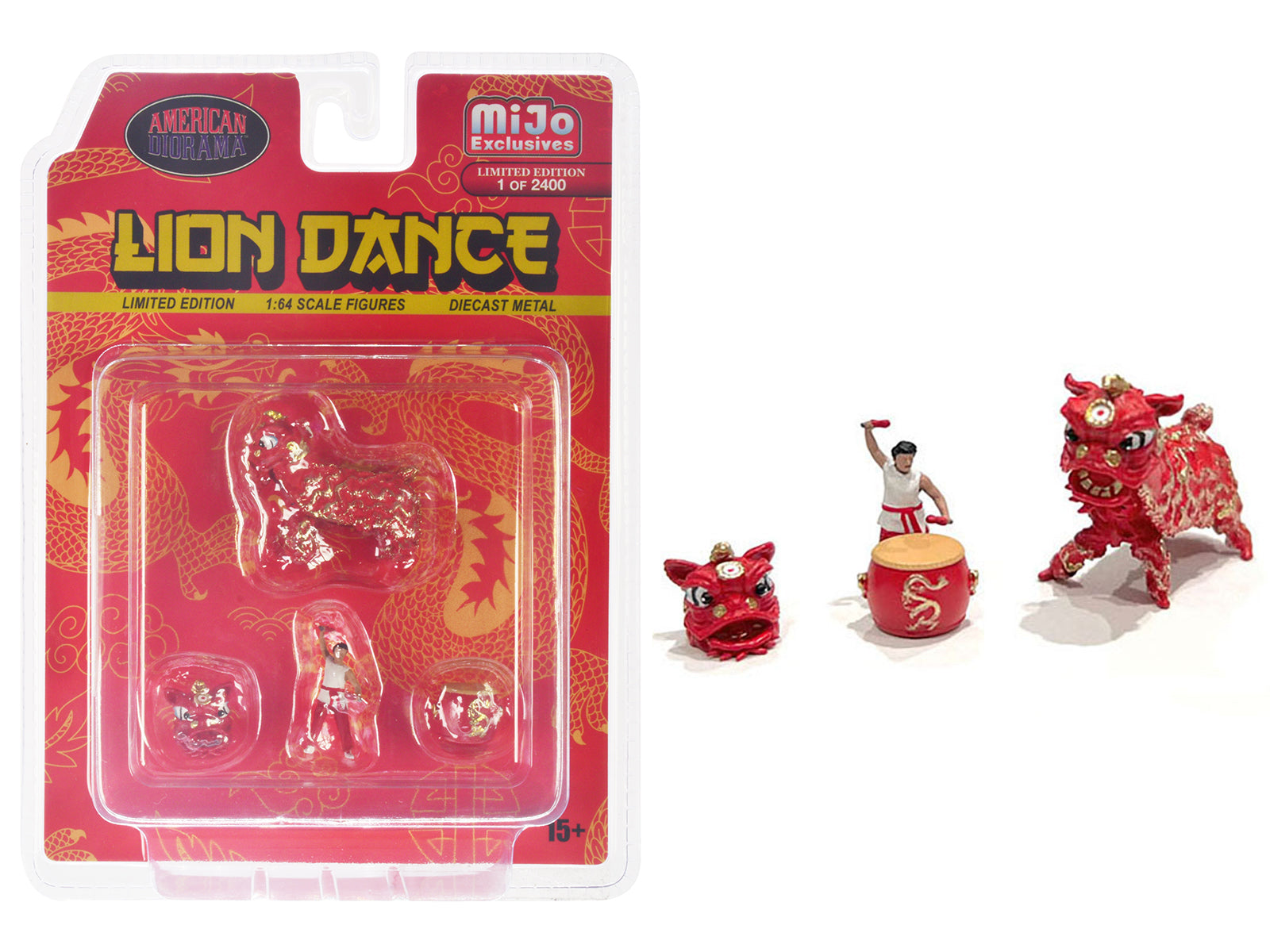 Brand new 1/64 scale diecast models of "Lion Dance" 4 piece Diecast Figure Set (1 Figures, 1 Lion, 2 Accessories) Limite