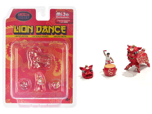 Brand new 1/64 scale diecast models of "Lion Dance" 4 piece Diecast Figure Set (1 Figures, 1 Lion, 2 Accessories) Limite