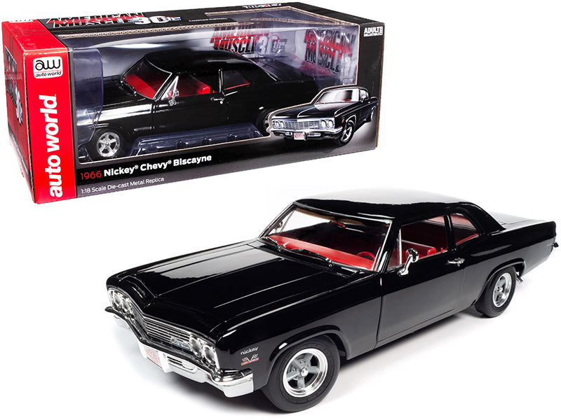 Brand new 1/18 scale diecast car model of 1966 Chevrolet Biscayne Nickey Coupe Tuxedo Black with Red Interior American Muscle 30th Anniversa