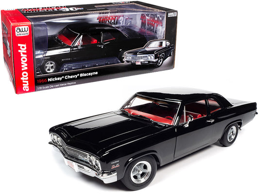 Brand new 1/18 scale diecast car model of 1966 Chevrolet Biscayne Nickey Coupe Tuxedo Black with Red Interior American Muscle 30th Anniversa