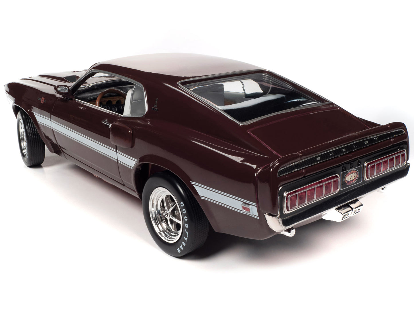 Brand new 1/18 scale diecast car model of 1969 Shelby Mustang GT-500 Royal Maroon with White Stripes and Interior Muscle Car Corvette Nation