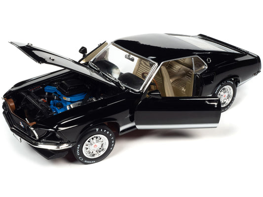 Brand new 1/18 scale diecast car model of 1969 Ford Mustang GT Raven Black with White Stripes and Gold Interior die cast model car by Auto W