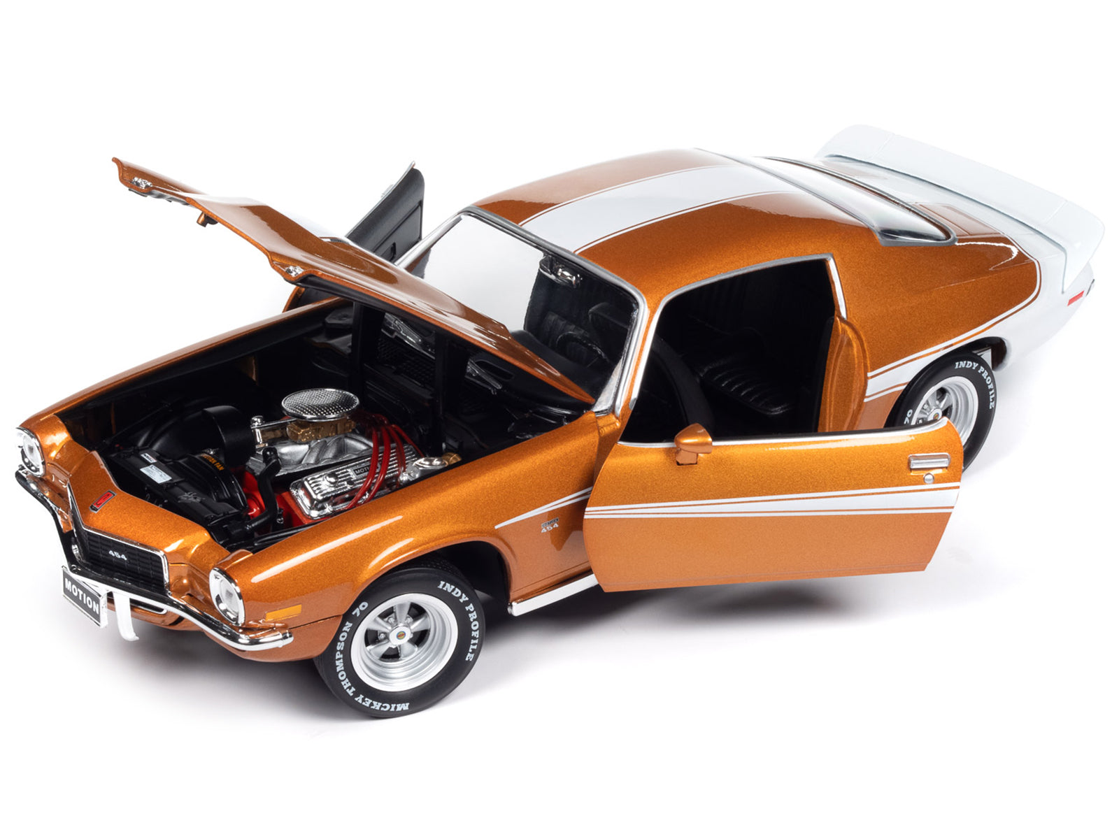 Brand new 1/18 scale diecast car model of 1973 Chevrolet Camaro Baldwin Motion Light Copper Metallic with White Stripes Class of 1973 Americ