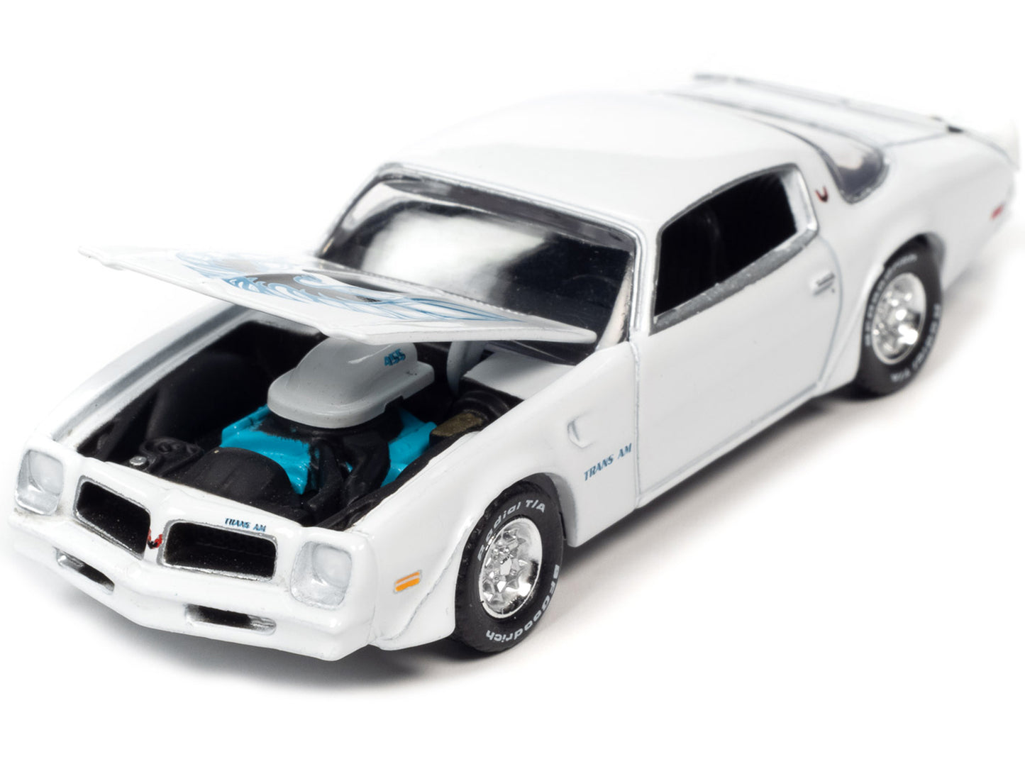 Brand new 1/64 scale diecast car model of 1976 Pontiac Firebird Trans Am Cameo White with Blue Black Bird Hood Graphic Vintage Muscle Limite