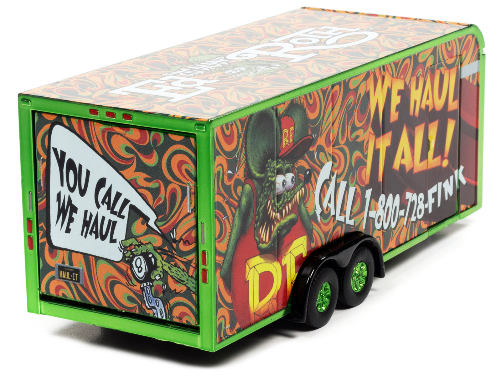 Brand new 1/64 scale diecast model of 4-Wheel Enclosed Car Trailer Green with Graphics "Rat Fink: We Haul it All!" die c