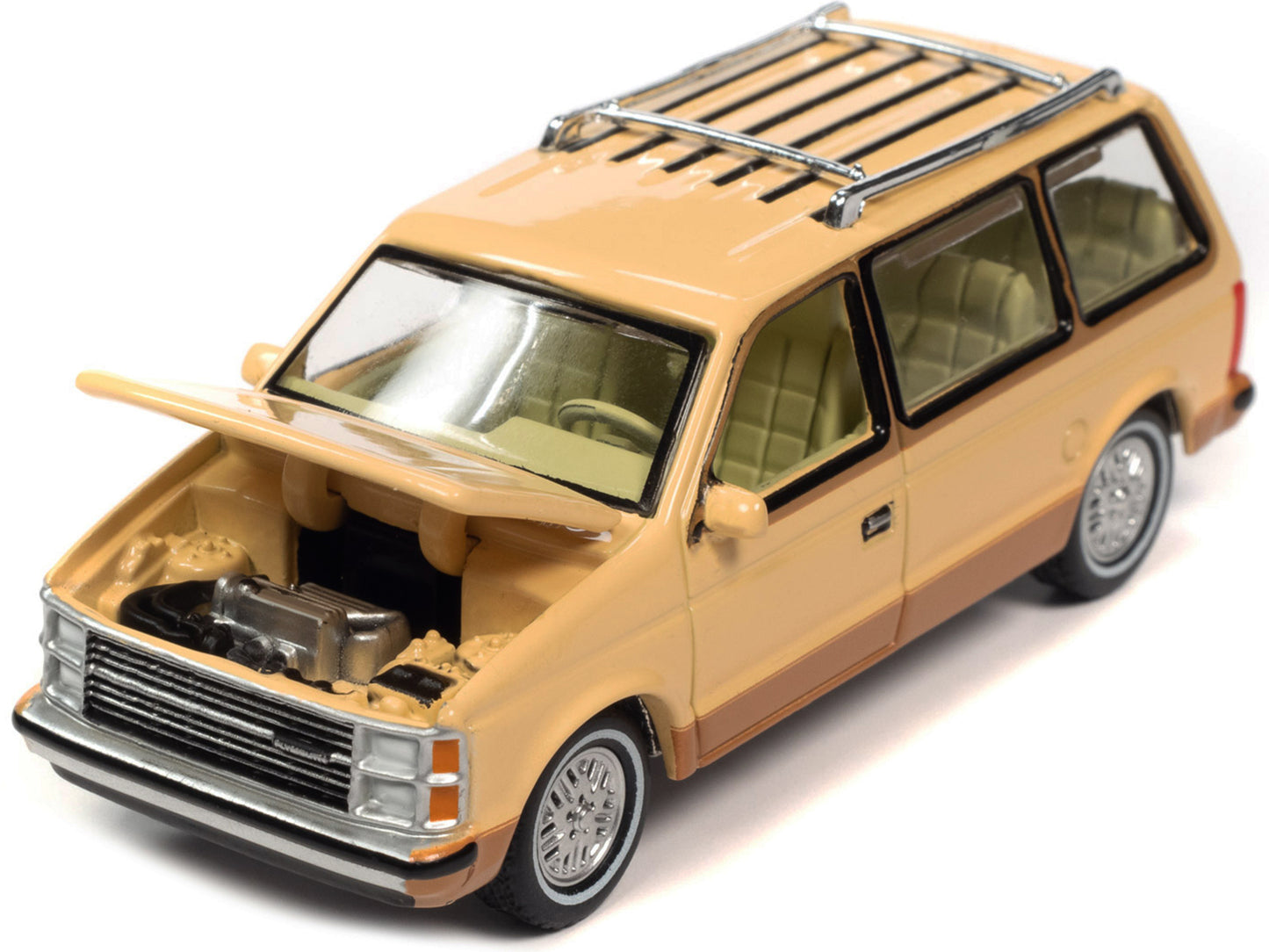 Brand new 1/64 scale diecast car model of 1985 Plymouth Voyager Minivan Cream with Roofrack Mighty Minivans Limited Edition die cast model c