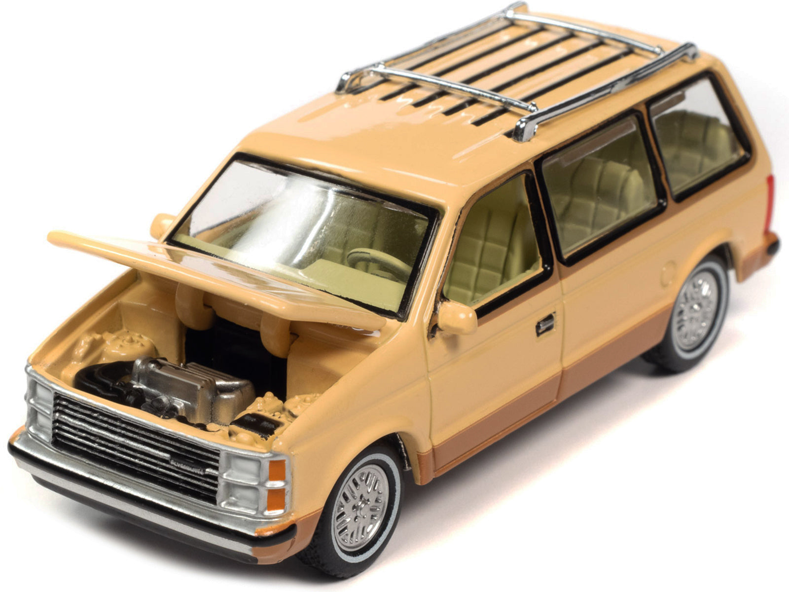 Brand new 1/64 scale diecast car model of 1985 Plymouth Voyager Minivan Cream with Roofrack Mighty Minivans Limited Edition die cast model c