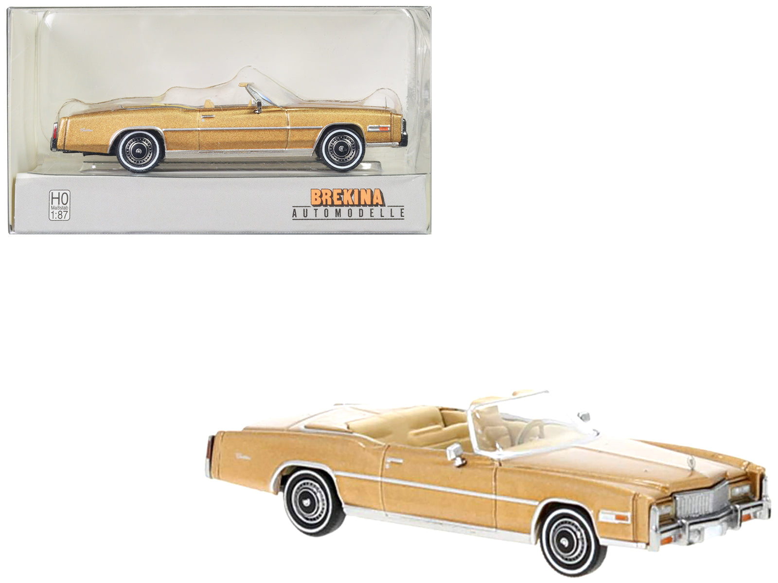 Brand new 1/87 scale plastic car model of 1976 Cadillac Eldorado Convertible Beige Metallic plastic model car by Brekina